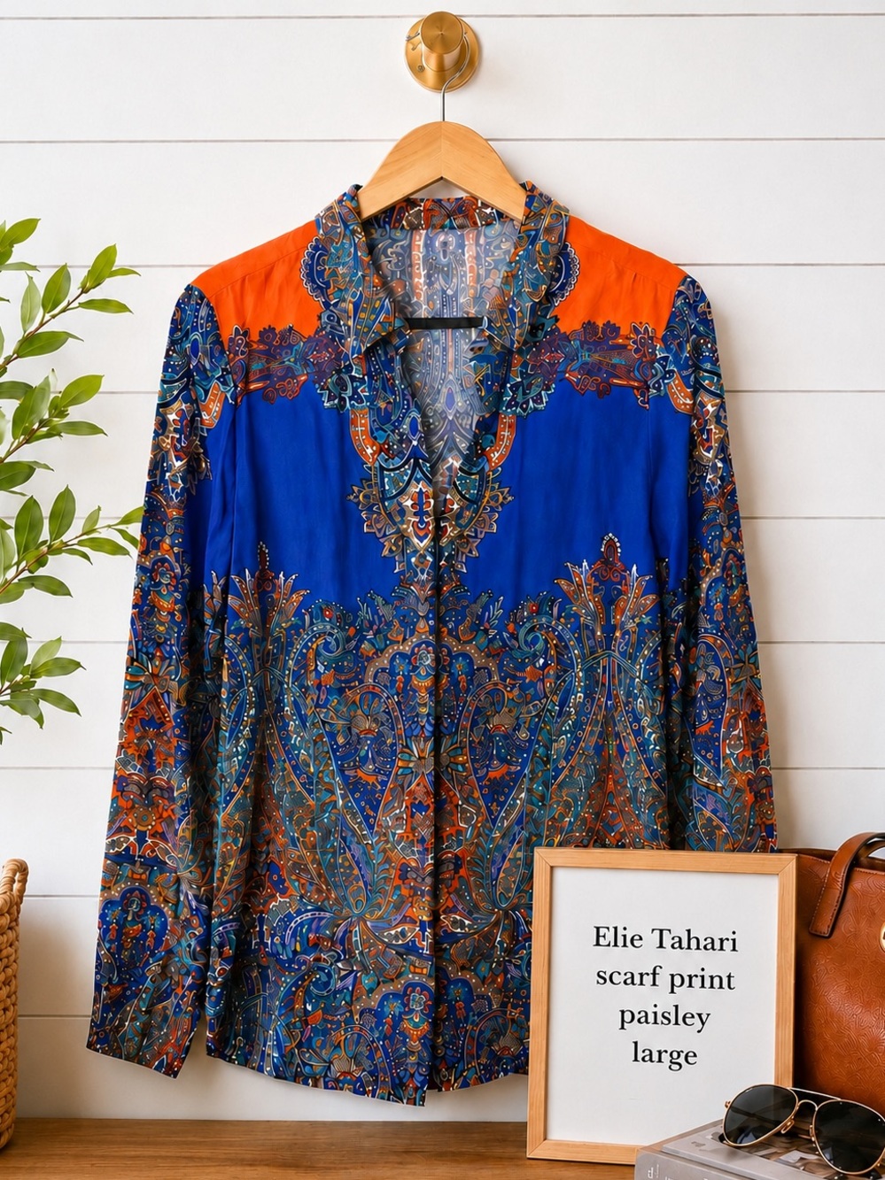 🧡Elie Tahari Scarf Print Paisley Blouse Large | Blue & Orange Button Front Top